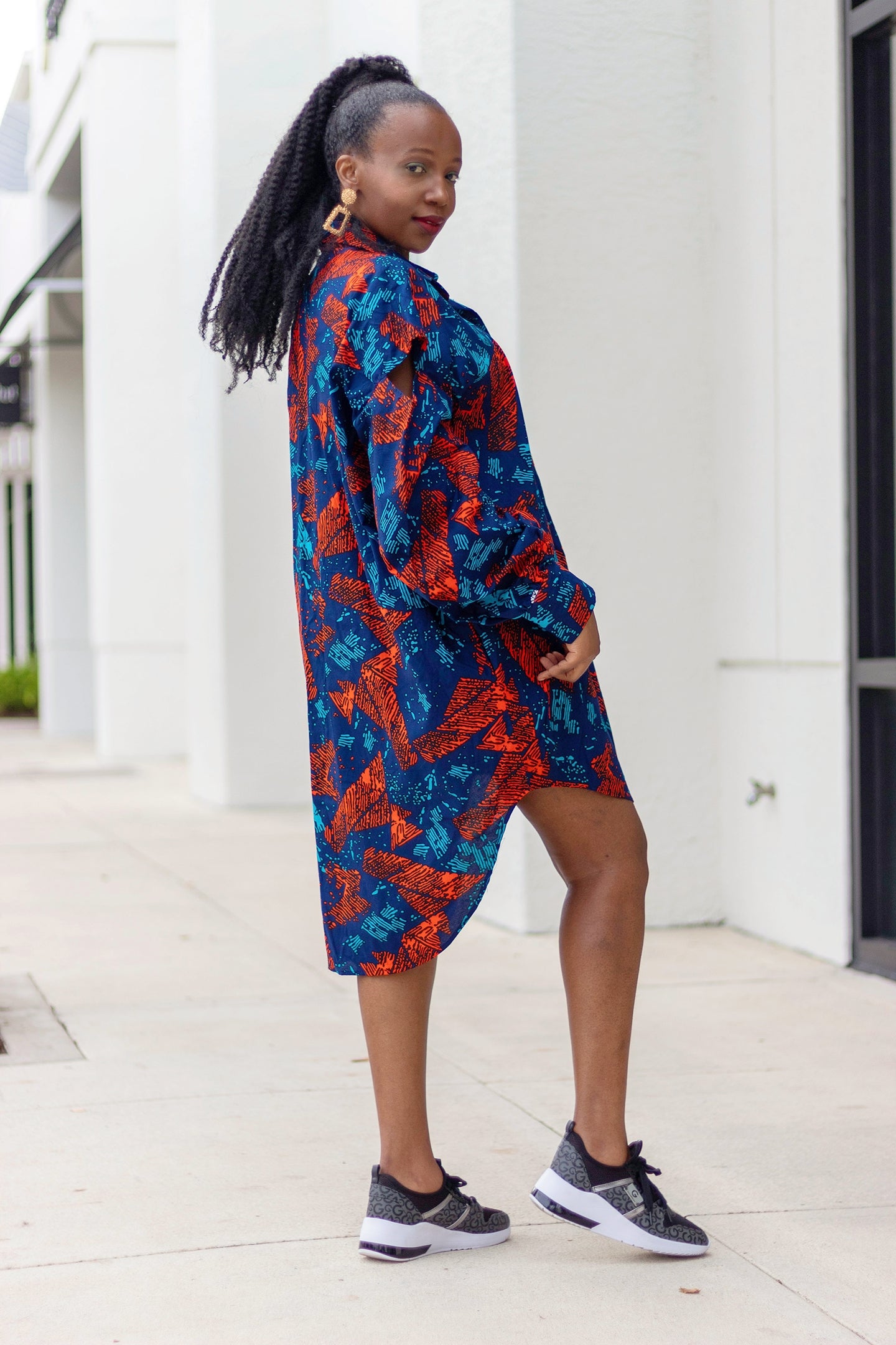 African Print/Ankara/Kitenge High-Low Oversized Shirt with Drop Sleeves and Pockets - Blue/Orange and Teal Abstract Print