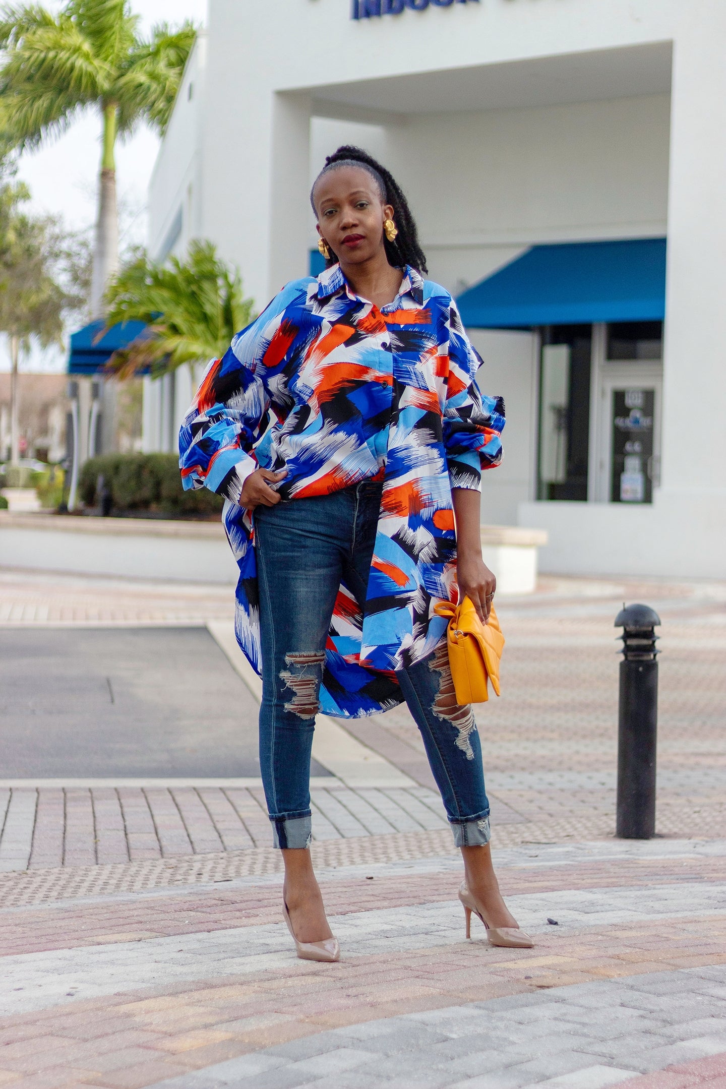 African Print/Ankara/Kitenge High-Low Oversized Shirt with Drop Sleeves and Pockets - White/Blue and Orange Swirl Print