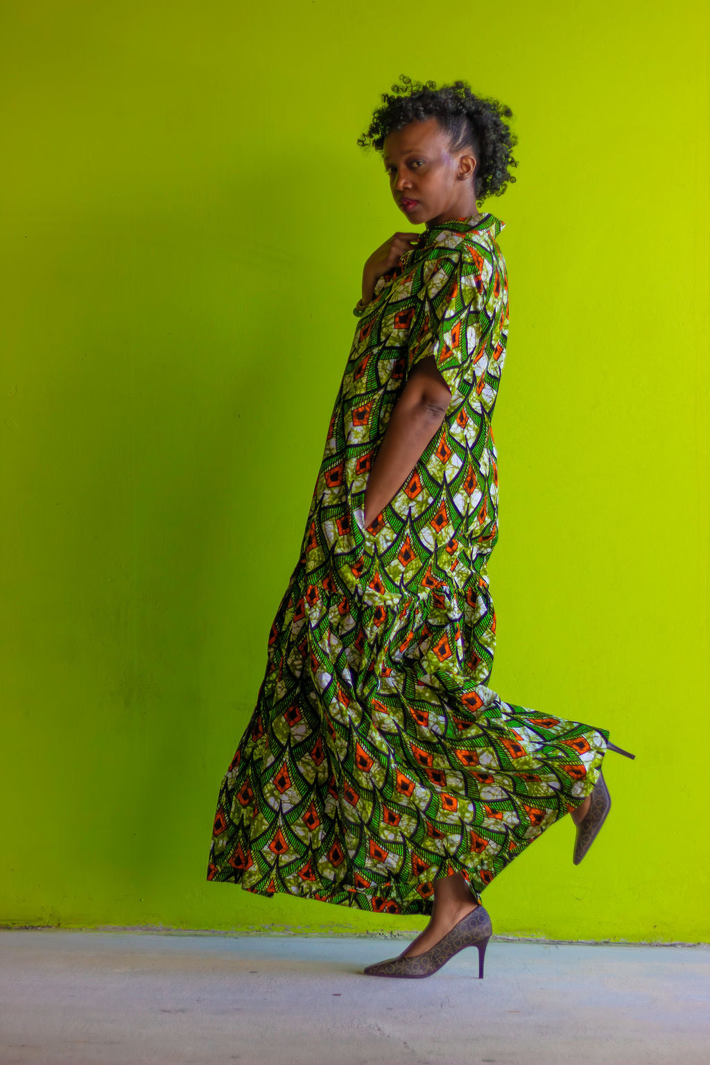 African Print /Ankara/Kitenge Maxi Dress - Lime Green /Orange/Black Tribal Print Short Sleeved Button Down Long Shirt Dress - Medium African Print /Ankara/Kitenge Maxi Dress - Lime Green /Orange/Black Tribal Print Short Sleeved Button Down Long Shirt Dress - Medium