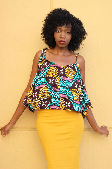 African Print Strap Flare Tawi Top - Bargardy/Green/Mustard & Pint Leaf Prin - Africas Closet