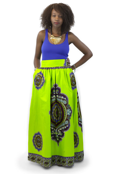 African Maxi Skirt - Dashiki Lime Green Blue Brown - Africas Closet