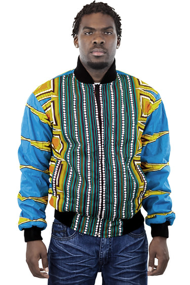 African Bomber Jacket - Blue Yellow Geometric Prints. - Africas Closet