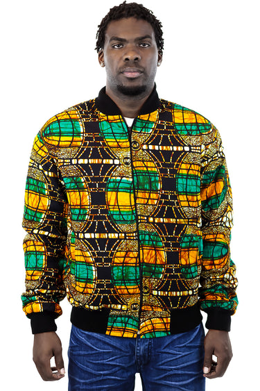 African Bomber Jacket - Green Orange Brown Curves Print - Africas Closet