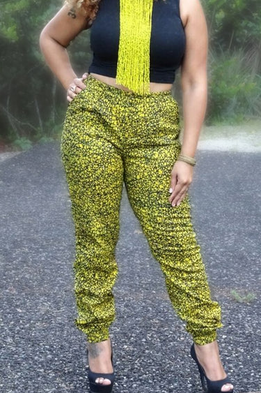African Print Jogger pants - Yellow/Black Fern Print - Africas Closet