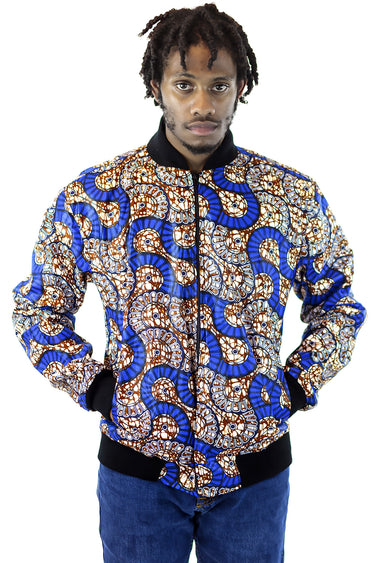 African Bomber Jacket - Blue/White Geometric print - Africas Closet