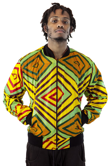 African Bomber Jacket -Lime Green/Gold Geometric Print - Africas Closet