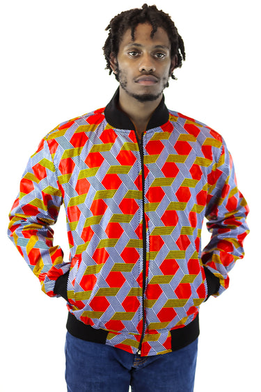 African Bomber Jacket - Red/Navy Blue Geometric Print - Africas Closet