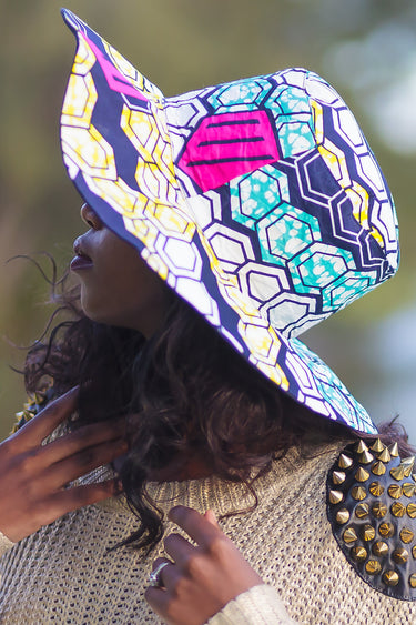 African Print Beach Hats - Pink/White Geometric print - Africas Closet