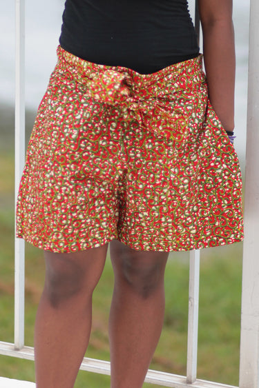 African Print/Kitenge Beach Shorts-Red/Green Floral Print - Africas Closet