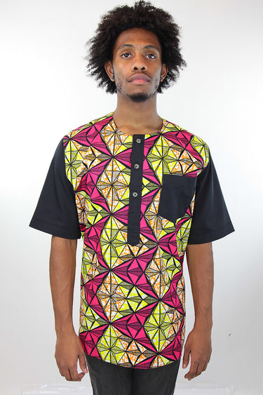 African Print Mens Shirt - Pink/Yellow/Black GeometricPrint - Africas Closet