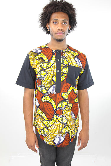 African Print Mens Shirt-Yellow and Orange Waves Print - Africas Closet