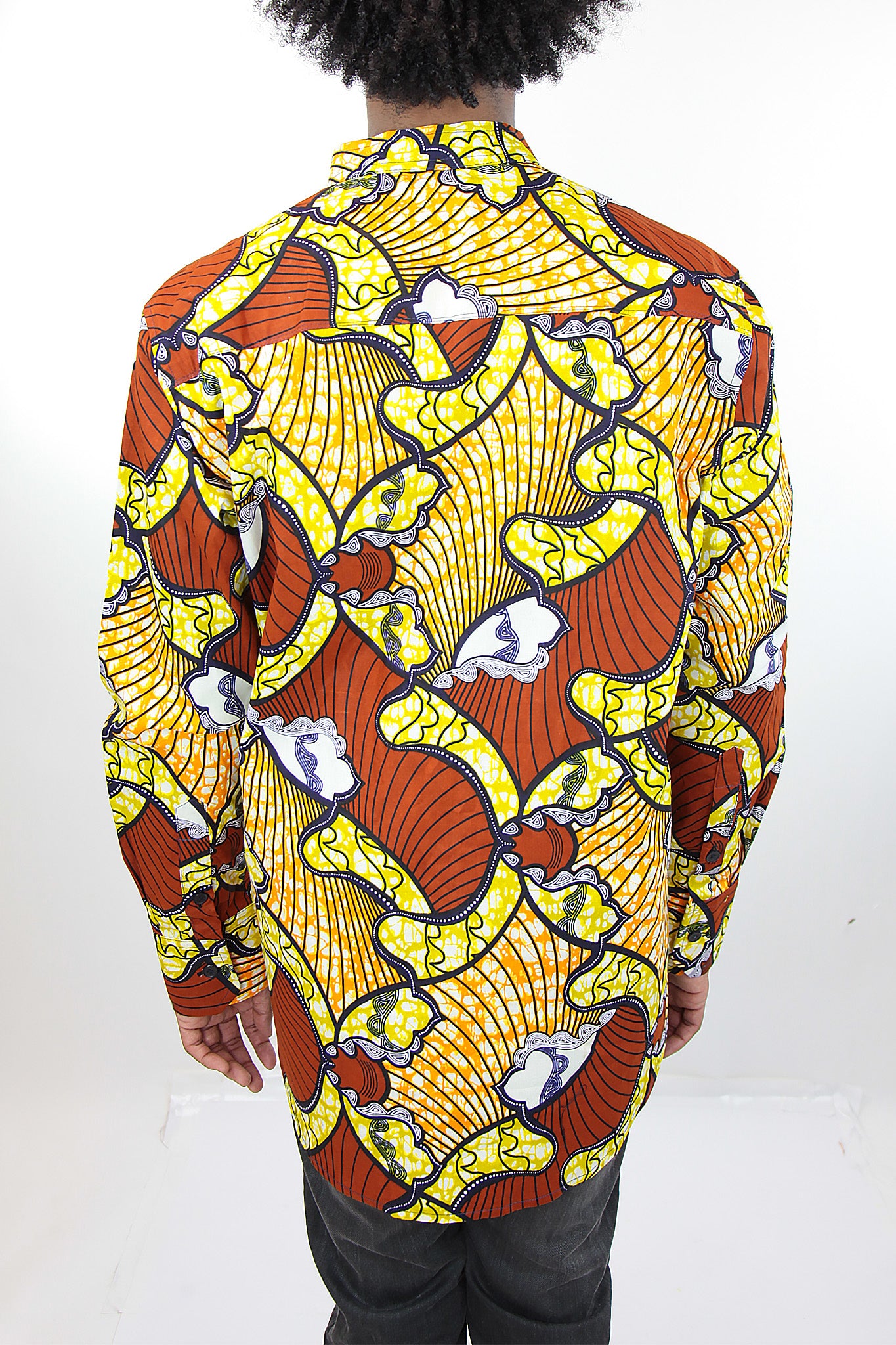 African Print Mens Shirt Button-Up Shirt Orange and Yellow Waves - Africas Closet