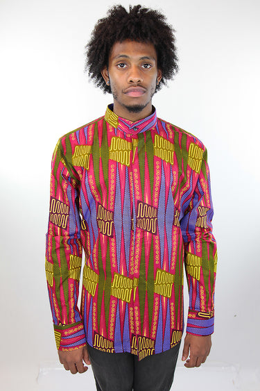 African Print Mens Shirt Button-Up Geometric Shirt Pink and Green - Africas Closet