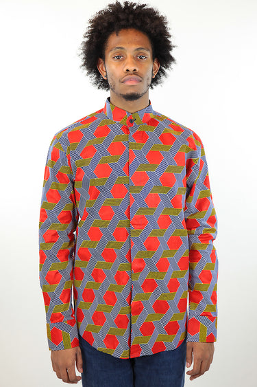 African Print Mens Shirt -Button-Up Hexagons Print - Africas Closet
