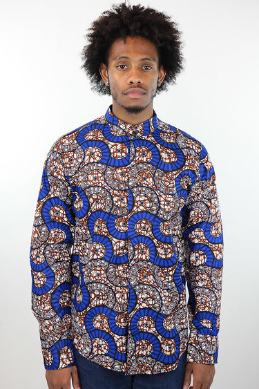 African Print Mens Shirt Button-Up Geometric Seashell - Africas Closet