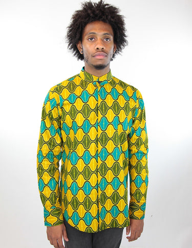 African Print Mens Shirt-Jungle Green/Teal Geo Print - Africas Closet