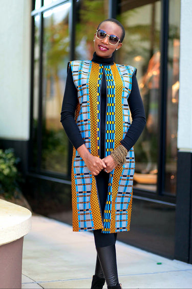 African Print Sleeveless Longline Shrug -Royal Blue Kente - Africas Closet
