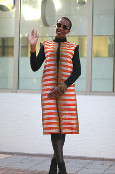 African Print Sleeveless Longline Shrug-Orange/White Fern Print - Africas Closet