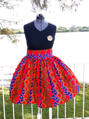 African Print Midi Flare Skirt-Red/Blue/Gold Geometric Print - Africas Closet