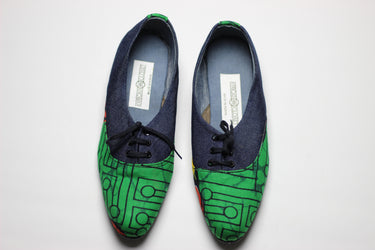 African Print /Ankara Flat Shoes (with laces) Denim detail - Red and Green Animal Print. - Africas Closet