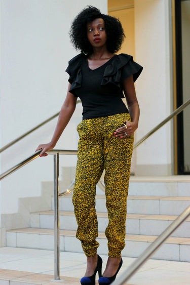 African /Ankara/Kitenge Print Capri Pants - Yellow Black Leaf Print - Africas Closet