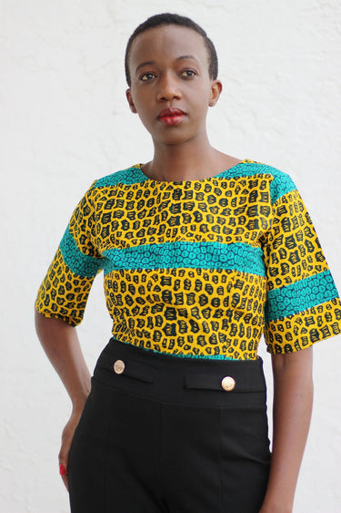 African Print/Kitenge/Ankara Shortsleeved Crop Top - Yellow /Turqoise/Black African Print - Africas Closet