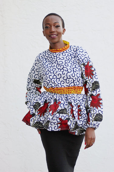 African Print Long Sleeved PeplumTop - White/Red/Black Floral Print - Africas Closet