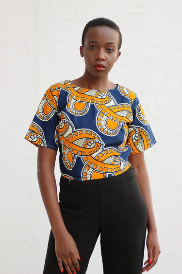 African Print /Ankara/Kitenge Short Sleeve Crop Top - Musturd Yellow/Navy Blue Floral Print - Africas Closet