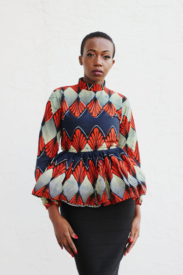 African Print Long Sleeved PeplumTop - Beige/Red/Navy Blue Floral Print - Africas Closet