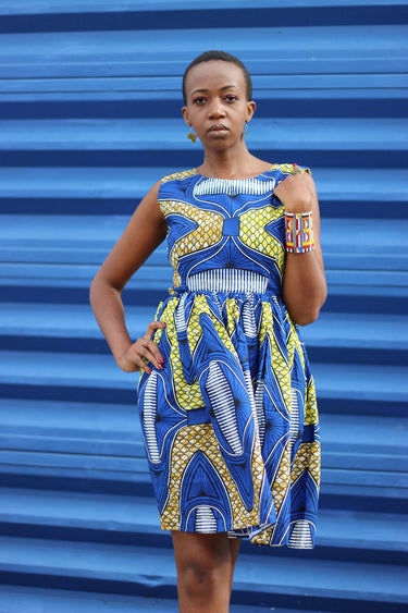 African Print /Ankara /Kitenge Print Sleeveless Teo Dress - Royal Blue /Yellow - Africas Closet