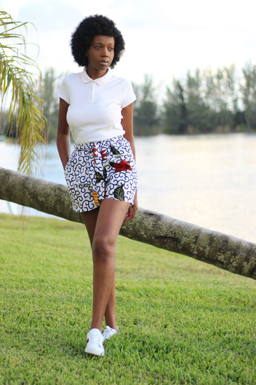 African Print /Kitenge/Ankara(Mini) Shorts - White/Black/Red Floral Print - Africas Closet