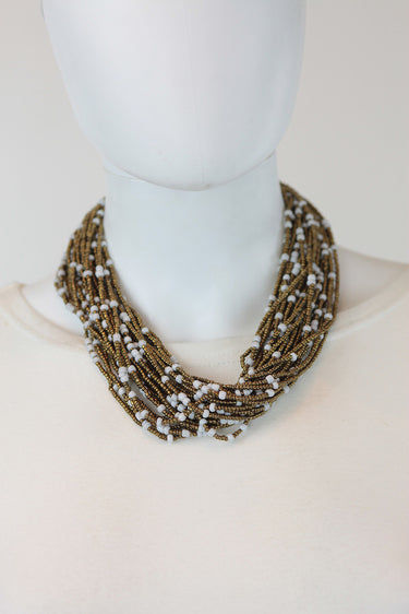 African Maasai Beaded Necklace-White/Gold - Africas Closet