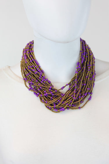 African Maasai Beaded Necklace-Purple/Gold - Africas Closet