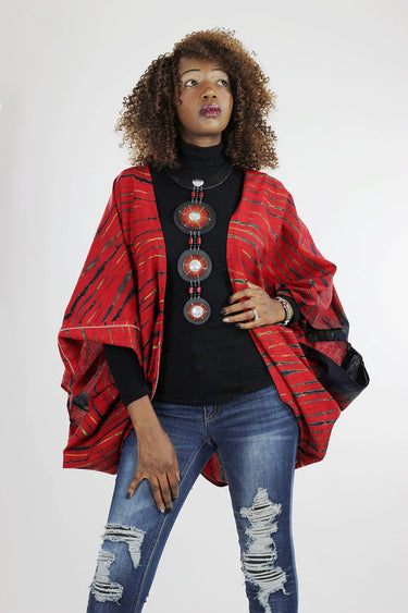 African Batik Boho Cape- Red/Navy Blue Tie dye Print - Africas Closet
