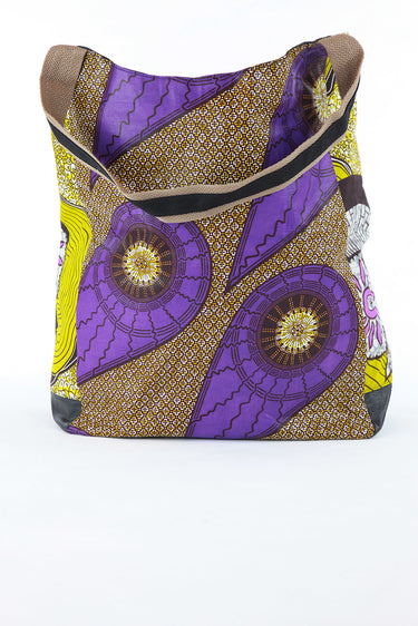 African Print Shopper Bag-Purple/Yellow/Brown Floral Print - Africas Closet