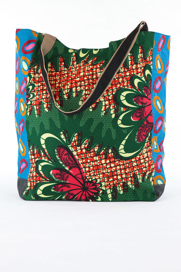 African Print Shopper Bag - Green/Wave/Blue Print - Africas Closet