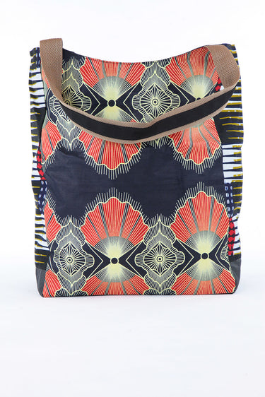 African Print Shopper Bag -Navy Blue/Red Floral Print - Africas Closet