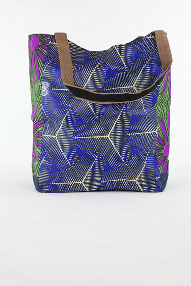 African Print Shopper Bag-Blue/ Purple Geometric Print - Africas Closet