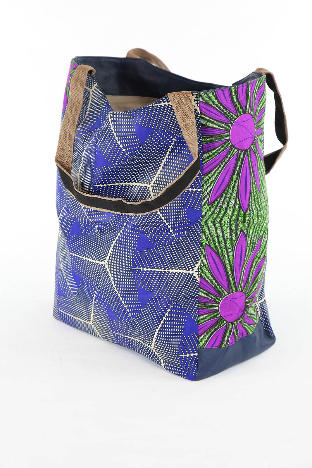 African Print Shopper Bag-Blue/ Purple Geometric Print - Africas Closet