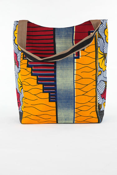 African Print Shopper Bag - Orange/Maroon Geo -Floral Print - Africas Closet