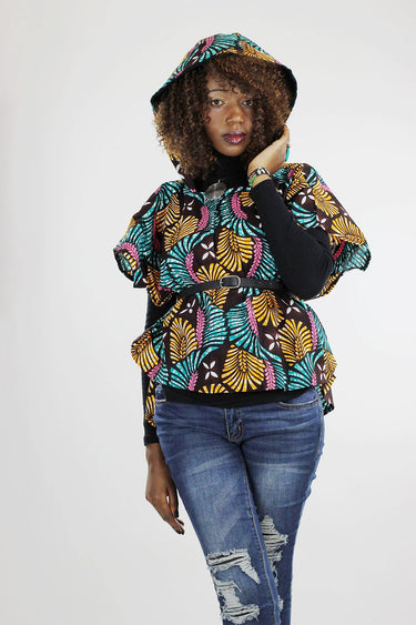 African Print Hi-Low Hoodie - Blue /Brown/Pink FloralPrints - Africas Closet
