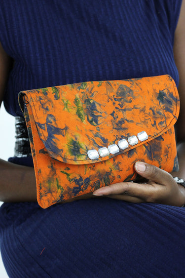 African Print Clutch Bling Purse- Orange/Batik Print - Africas Closet
