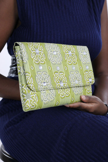 African Print Clutch Bling Purse- Light Green/White Floral Print - Africas Closet
