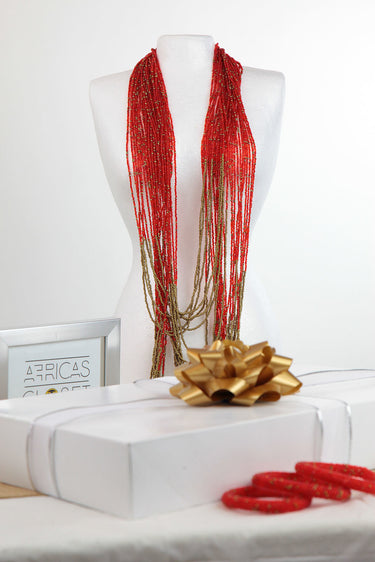 African Maasai Beaded Long Necklace-Red/Gold - Africas Closet