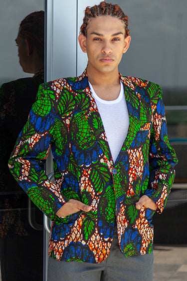 African Mens Blazer Jacket - Royal Blue/Green Floral print - Africas Closet