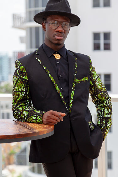 African Print Blazer Jacket - Black & Green Batik Print - Africas Closet