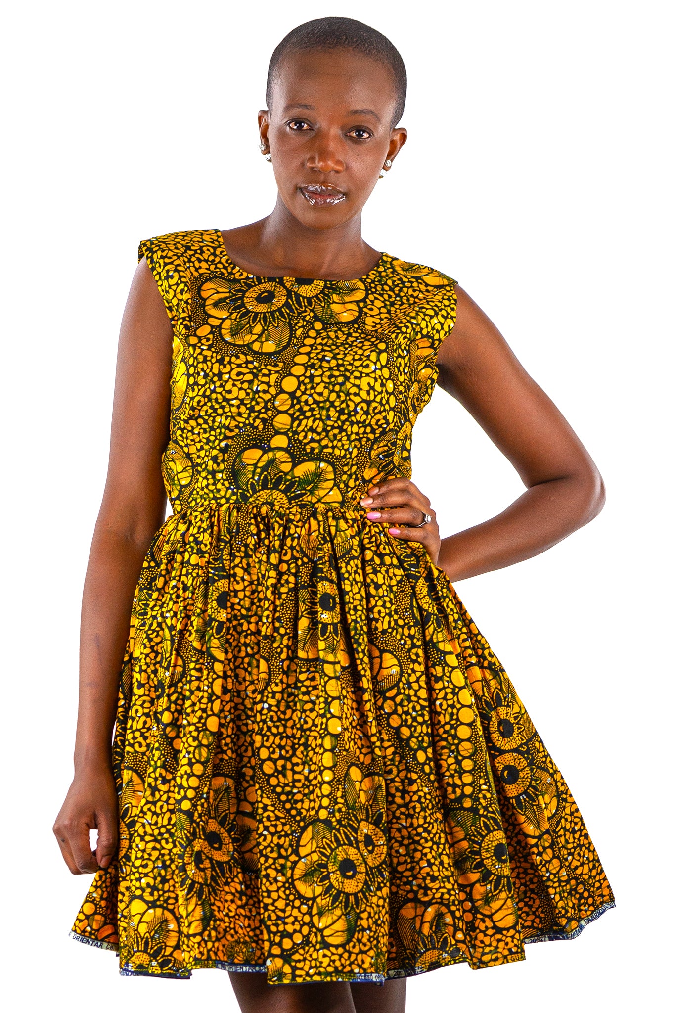 African Print Gathered Midi Dress - Yellow/Black Blue Floral Print - S(8-10) African Print Gathered Midi Dress - Yellow/Black Blue Floral Print - S(8-10)