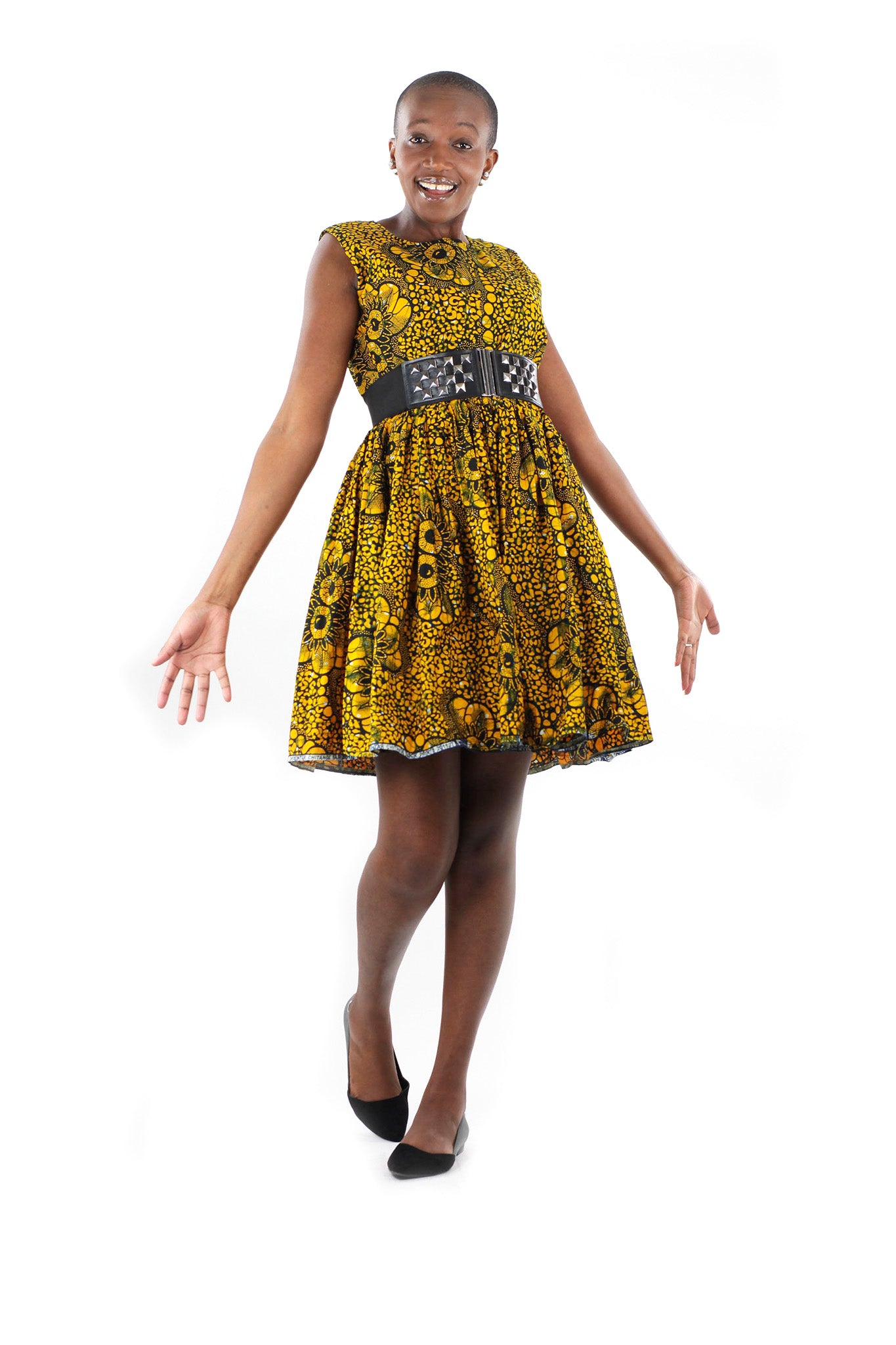 African Print Gathered Midi Dress - Yellow/Black Blue Floral Print - Africas Closet