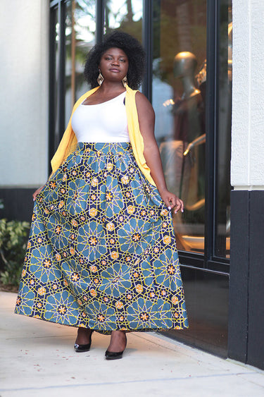 African Print Maxi Skirt- Grey/Black/Yellow Geometric Print - Africas Closet