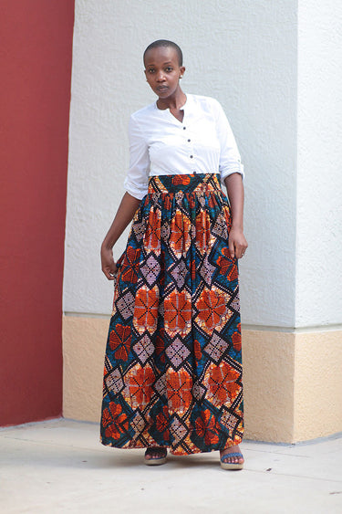 African Print Maxi Skirt-Blue/Orange Geometric Print - Africas Closet